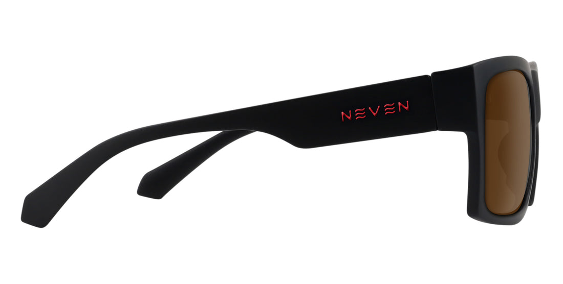 Side view of Redrum prescription glasses showcasing matte black frame, brown lenses, and red NEVEN logo on white background