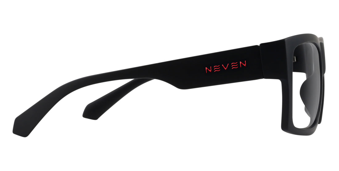 Side view of Redrum prescription frame showcasing matte black temple with red NEVEN logo on white background
