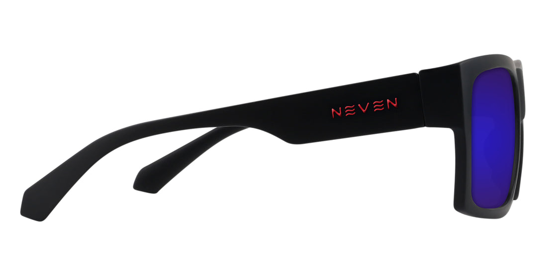 Side view of Redrum prescription sunglasses showing matte black frame, red NEVEN logo on temple, and purple mirrored lens on white background