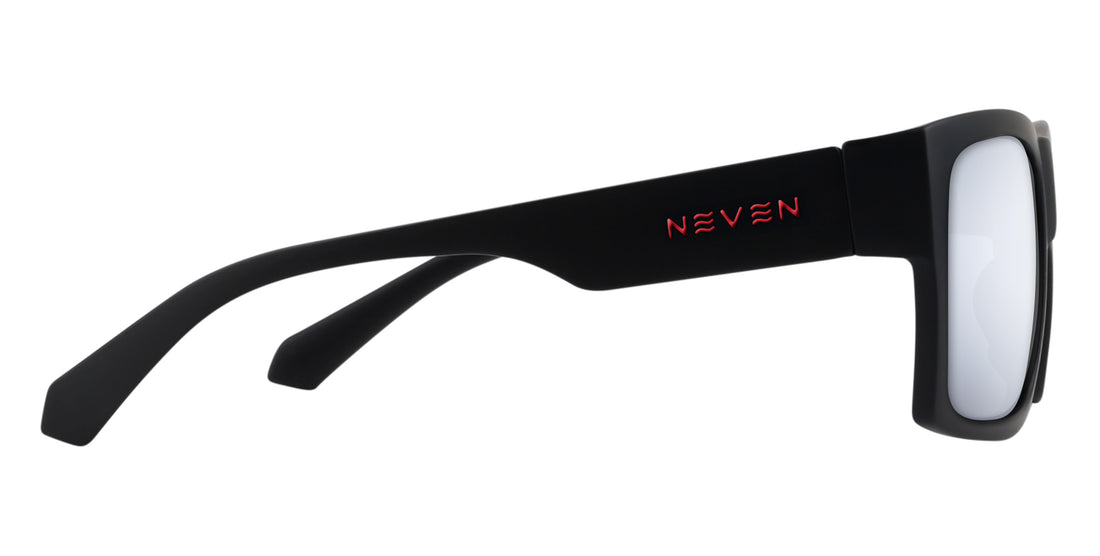 Side view of Redrum prescription sunglasses showcasing matte black temple with red NEVEN logo and rectangular frame on white background