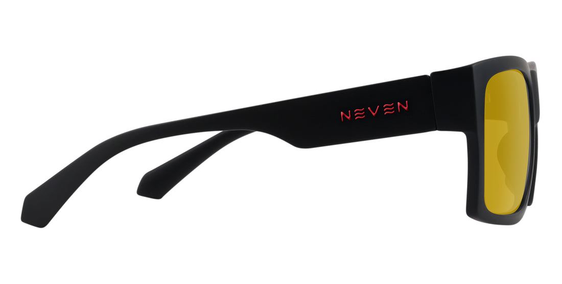 Side view of Redrum prescription sunglasses showing matte black temple with red NEVEN logo, flexible hinge and yellow lens on white background
