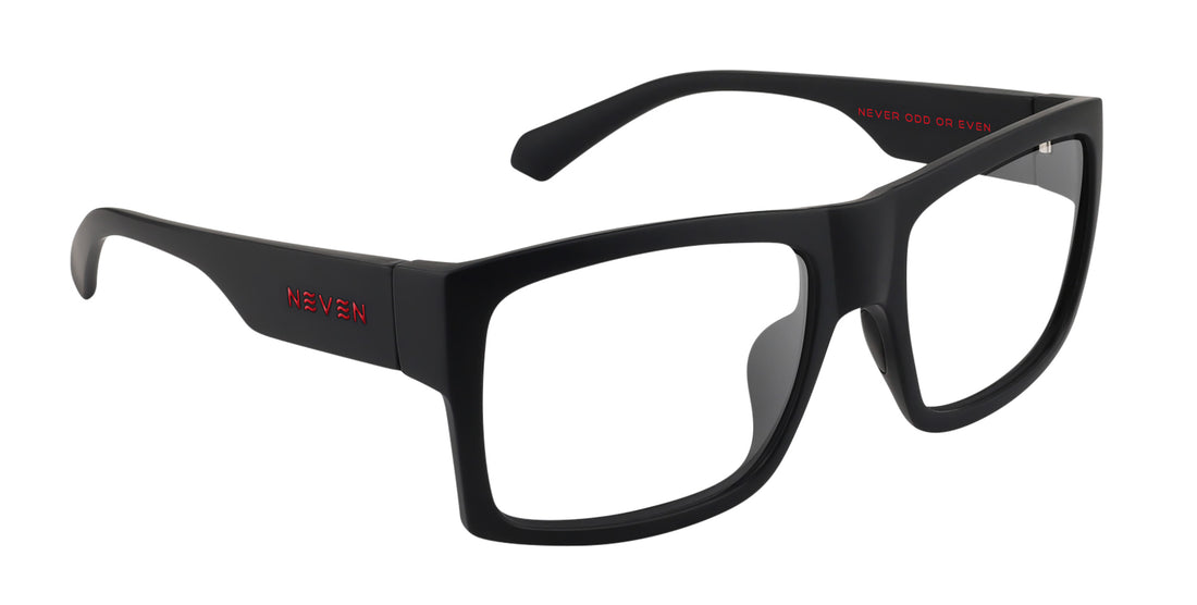 Angled view of Redrum prescription glasses showcasing matte black rectangular frame with red accents on white background