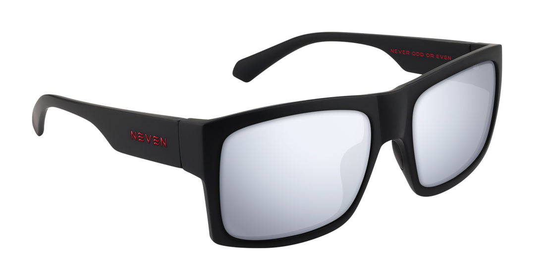 Three-quarter close-up of Redrum sunglasses showing matte black frame, red temple branding and mirrored Rx lenses on white