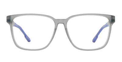 Transparent gray rectangular glasses with blue temples from the Bodhi Collection.