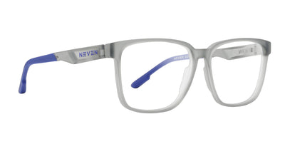 Transparent gray rectangular glasses with blue temples from the Bodhi Collection.