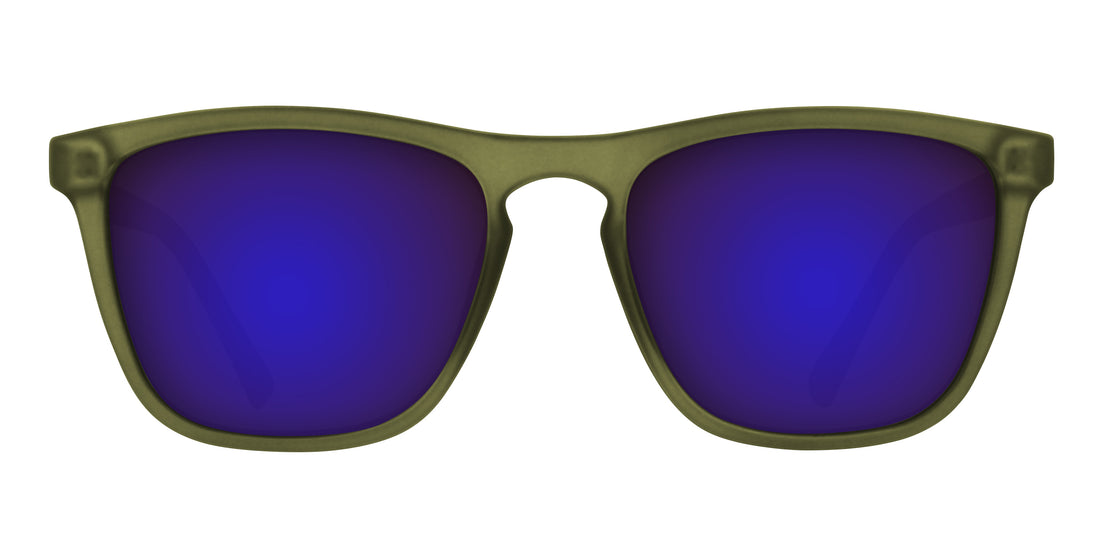 Front close-up of Fir sunglasses showing matte olive green frame and purple mirrored prescription lenses on white background