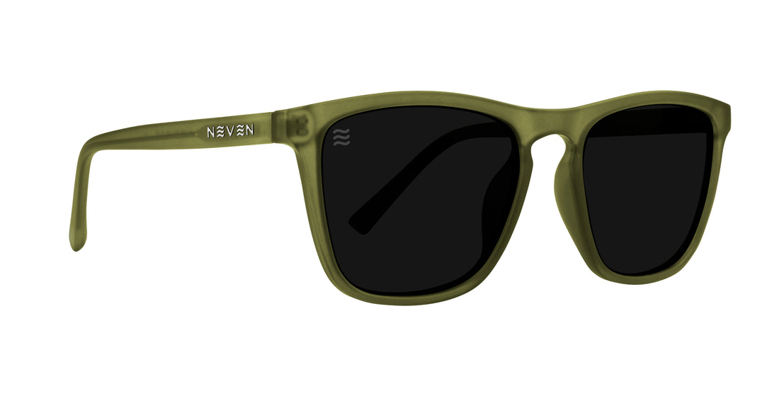 Close-up of Fir polarized sunglasses showcasing olive green matte frame and dark polarized lenses on white background