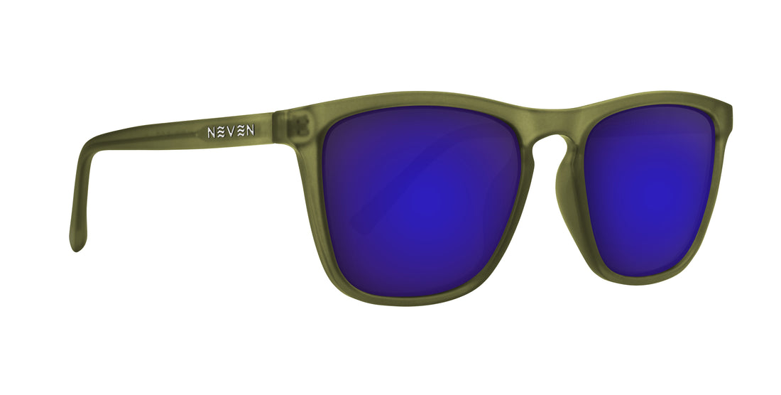 Close-up right-front of Fir sunglasses showing matte olive frame and blue mirrored lenses on white background