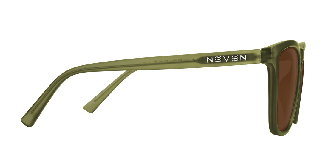 Side close-up of Fir prescription sunglasses showing olive green rectangular frame and silver NEVEN logo on the temple on a white background