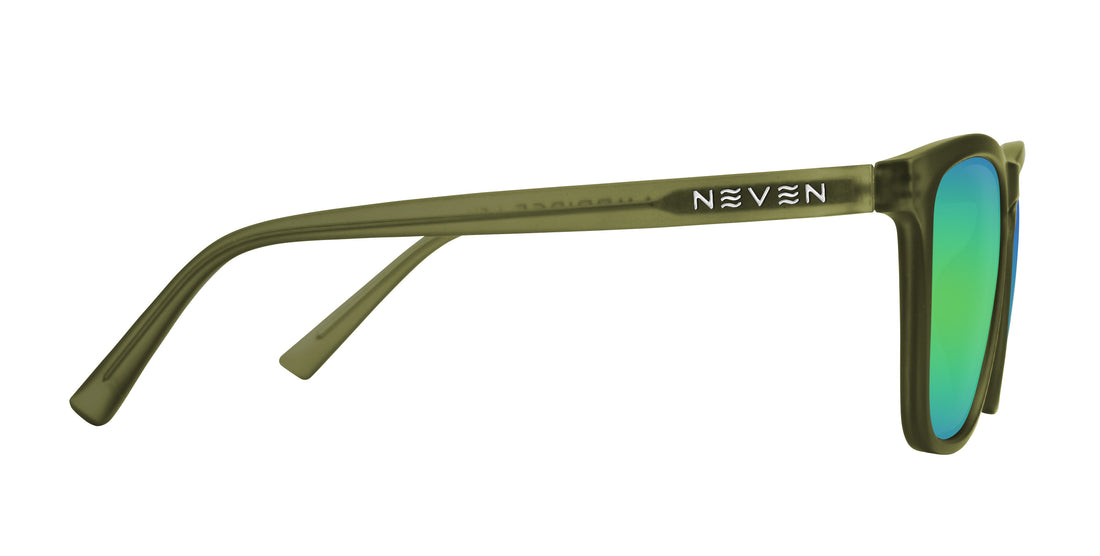 Right-side close-up of Fir Rx sunglasses with matte olive-green temple, Neven logo, and green mirrored lens on white
