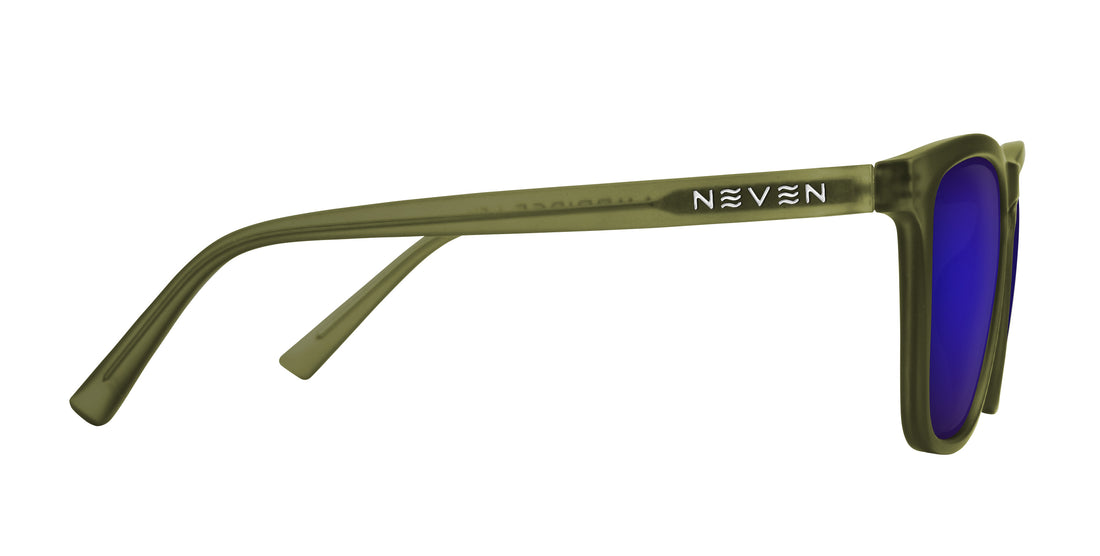 Close-up side view of Fir sunglasses showcasing olive green matte temple with Neven logo and purple mirrored lens on white background