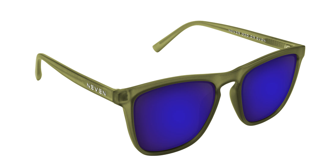 Three-quarter view of Fir sunglasses showing matte olive frame and blue mirrored prescription lenses on white