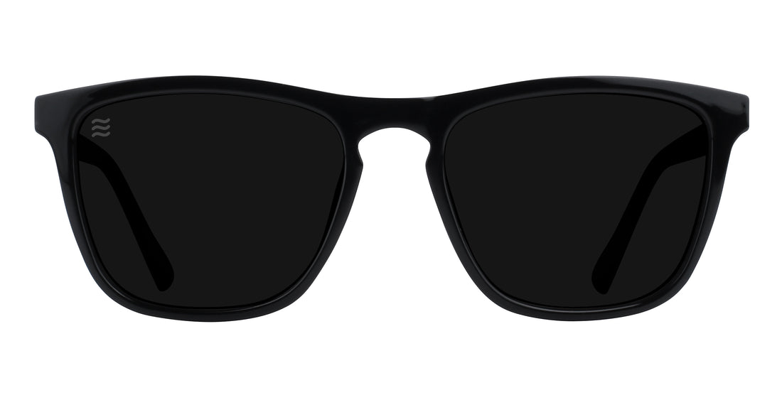 Front view of black sunglasses with polarized lenses.