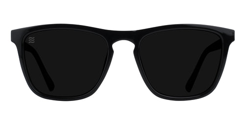 Front view of black sunglasses with polarized lenses.