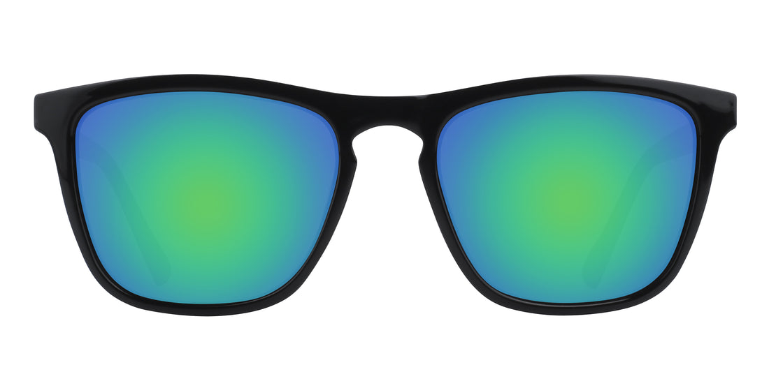 Front view of Nix sunglasses showcasing black frames and green-blue mirrored prescription lenses on white background