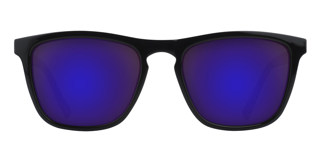 Front view of Nix prescription sunglasses showcasing black frame and purple mirrored lenses on white background