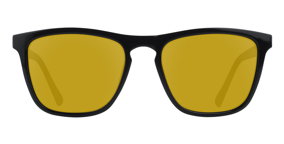 Front view of Nix sunglasses showcasing black rectangular frames with yellow prescription lenses on white background