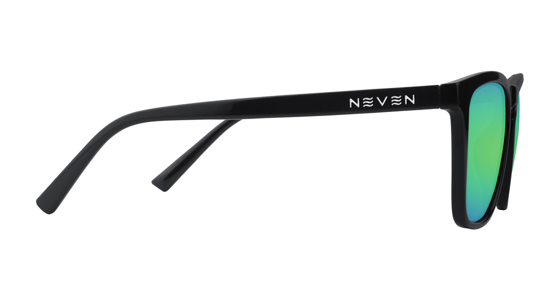 Close-up side view of Nix prescription sunglasses showcasing black frames, Neven logo on the temple and green mirrored lenses on white background