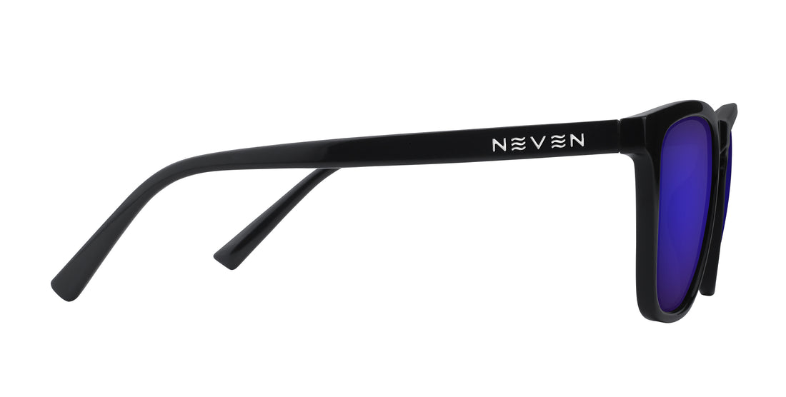 Side view of Nix prescription sunglasses showing black temple with NEVEN logo and purple lenses on white background