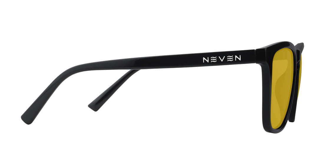 Close up side view of Nix Rx sunglasses featuring black temple with Neven logo and yellow lenses on white background