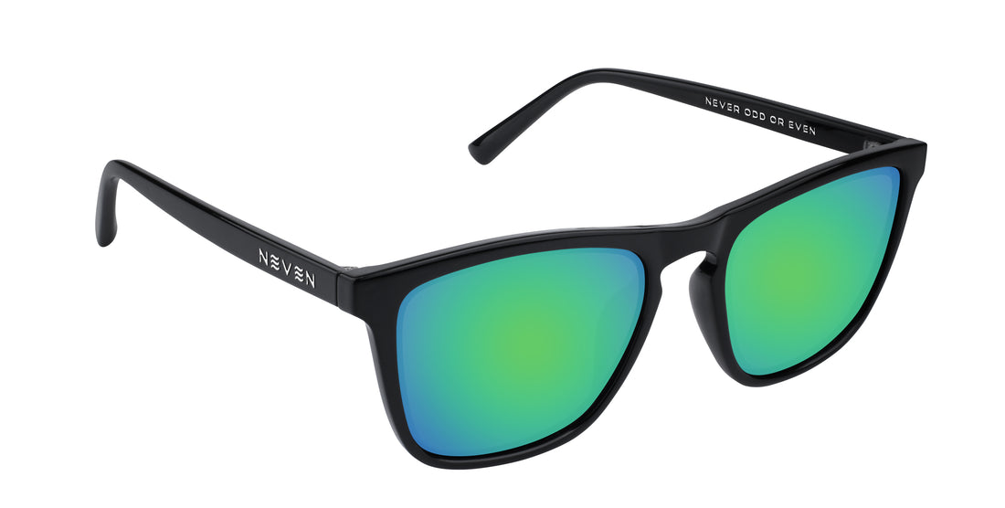 Three-quarter close-up of Nix sunglasses showing black rectangular frames with green mirrored lenses on white background