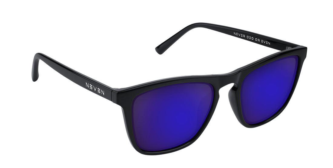 Angled close-up of Nix sunglasses with black frames, blue-purple mirrored lenses and NEVEN logo on white background