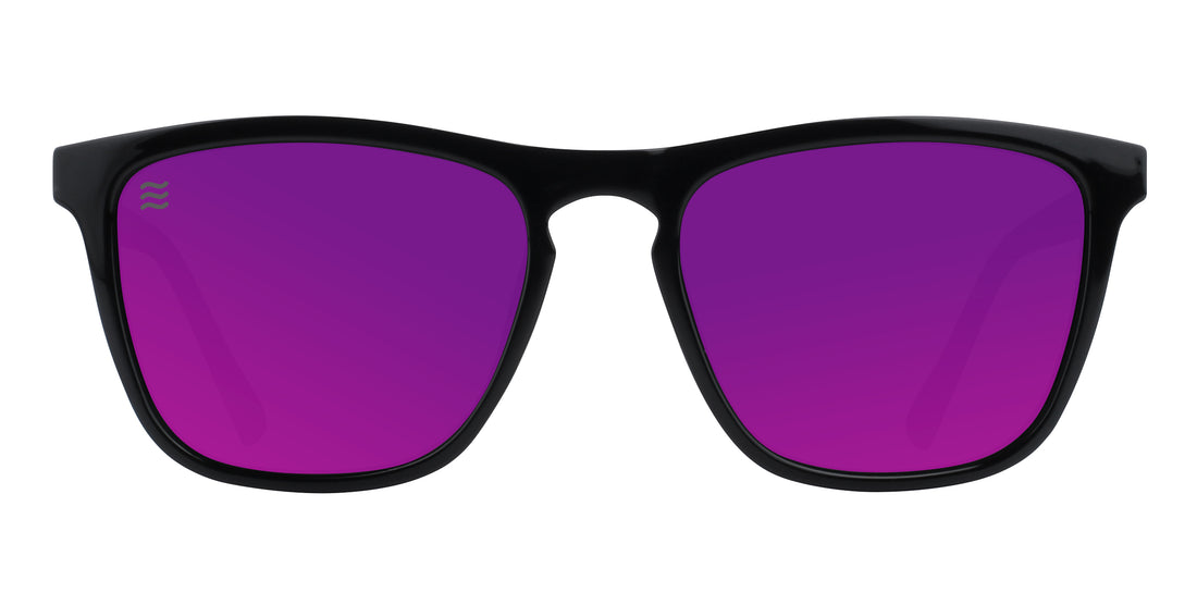 Front close-up of Violet rectangular Cambridge sunglasses showcasing black frames and deep purple polarized lenses on white background
