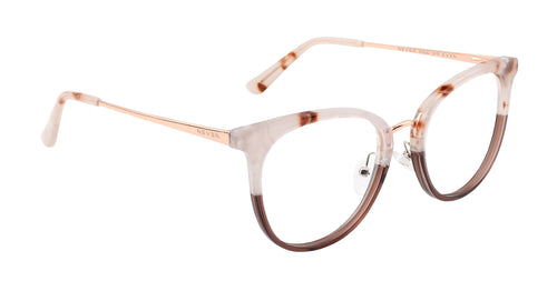 Baker pink/brown round prescription glasses from Neven Eyewear.