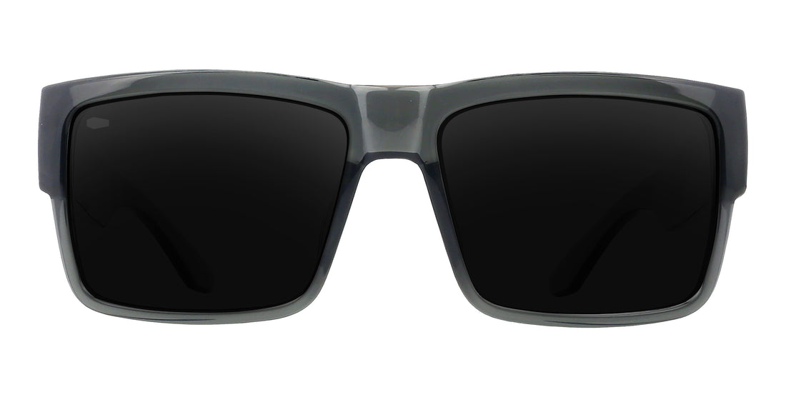 Banshee thick rectangular polarized sunglasses with black lenses.