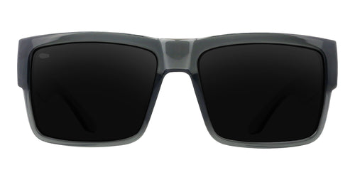 Banshee thick rectangular polarized sunglasses with black lenses.
