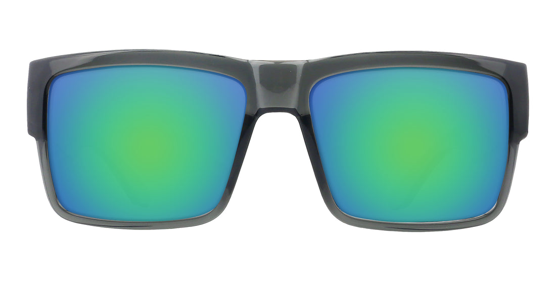 Front close up of Banshee Rx sunglasses with green blue mirrored lenses and transparent gray frame on white background