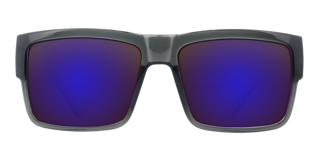 Front of Banshee prescription sunglasses with transparent gray gloss frame and purple mirrored lenses on white background