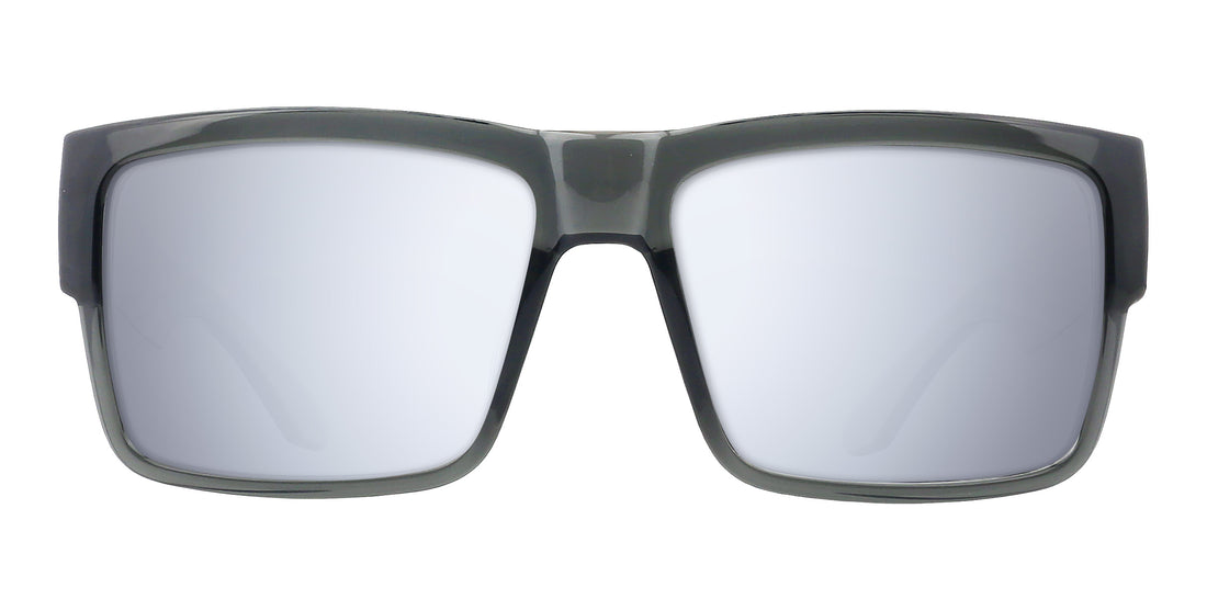 Front close-up of Banshee prescription sunglasses with transparent gray frame and silver mirrored lenses on white