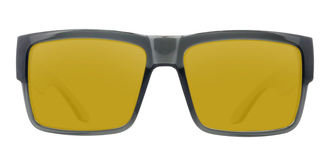 Front close-up of Banshee sunglasses showcasing transparent gray glossy frame and yellow prescription lenses on white background