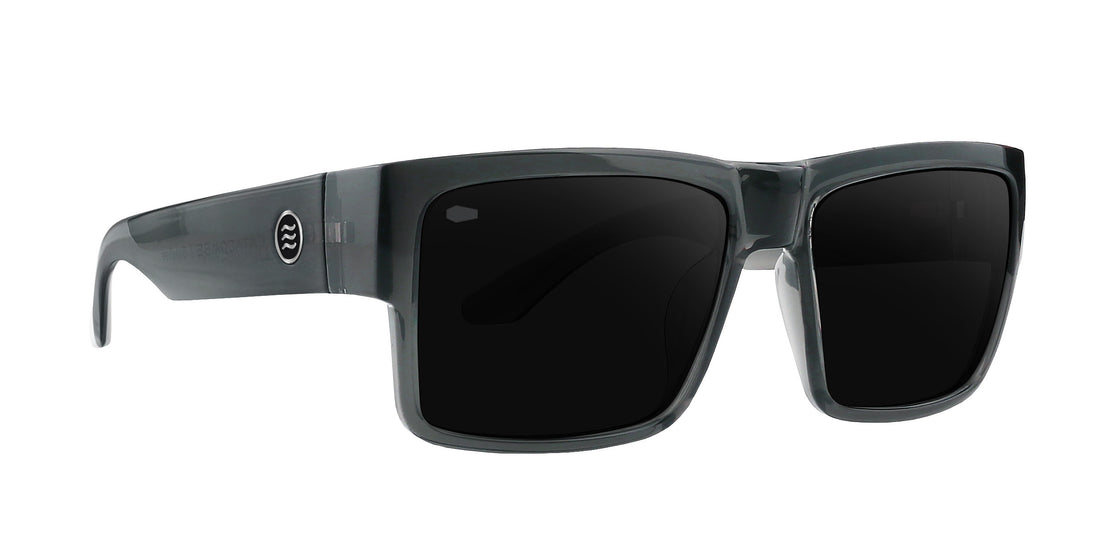 Banshee thick rectangular polarized sunglasses with black lenses.