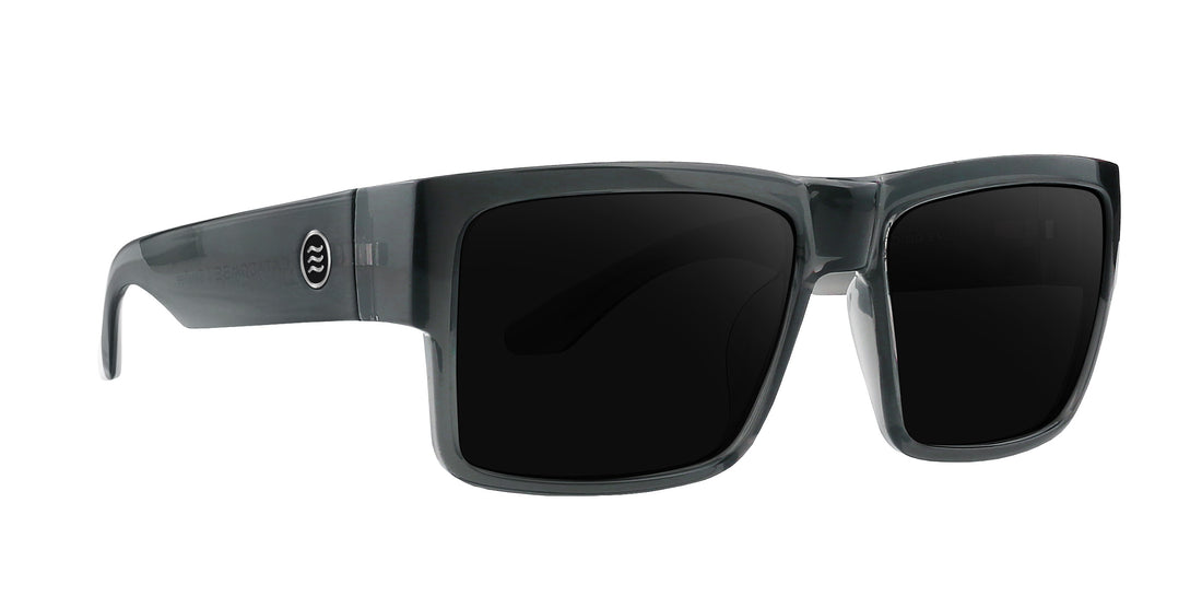 Banshee gray rectangular prescription glasses with dark lenses .