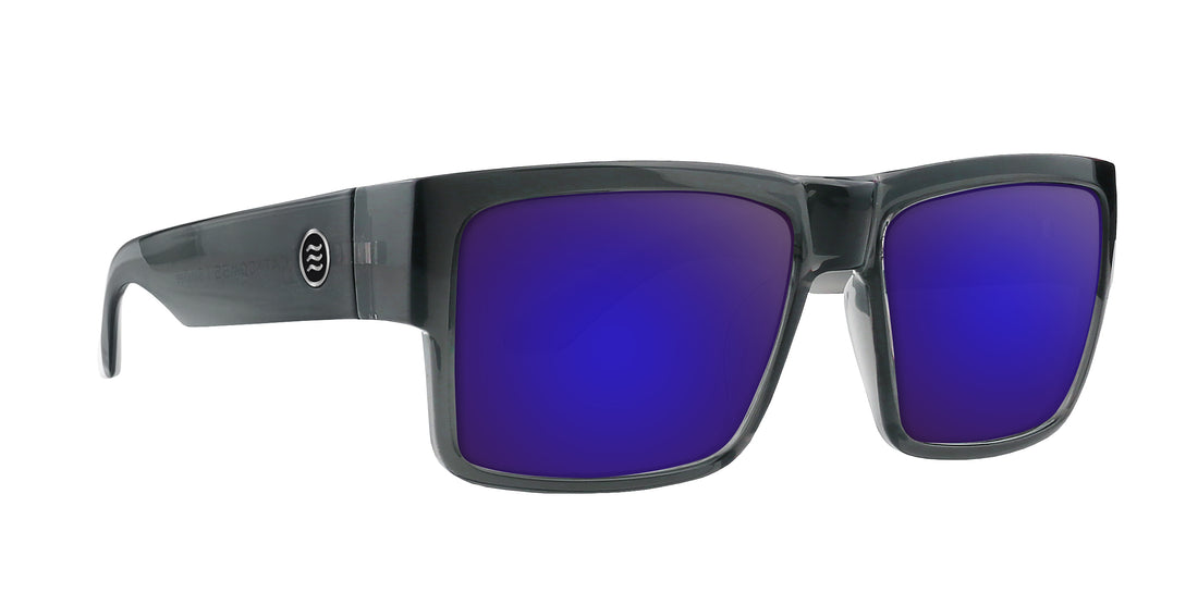 Right-front view of Banshee Rx sunglasses showcasing transparent gray frame and purple mirrored lenses on white background