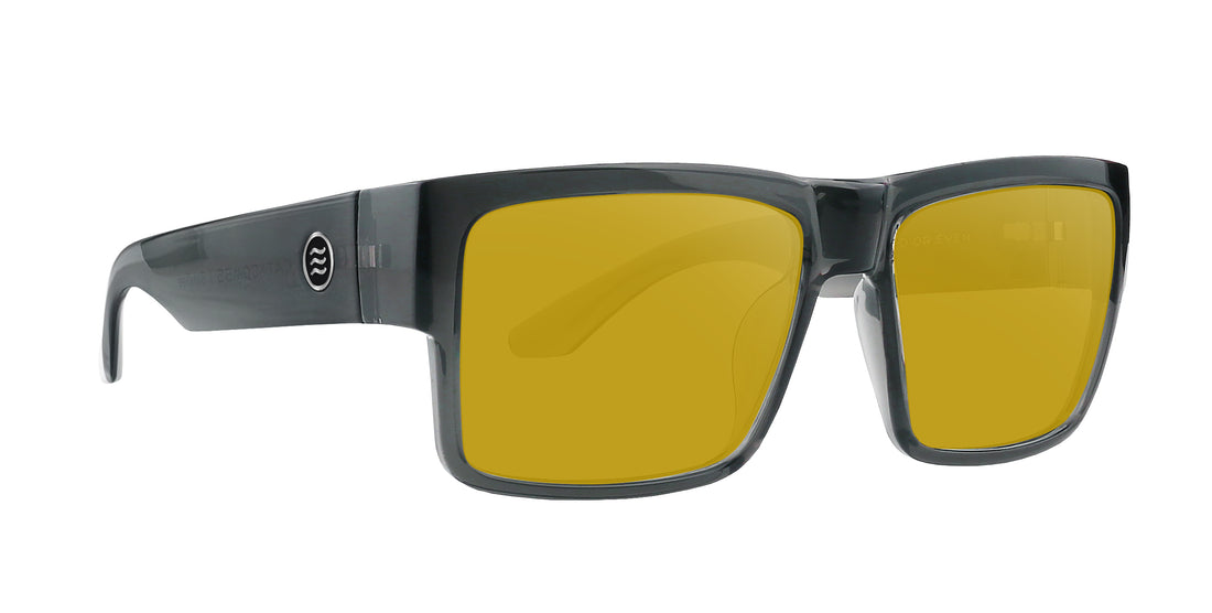 Close-up right-front view of Banshee sunglasses showcasing transparent gray frame and yellow prescription lenses on white background