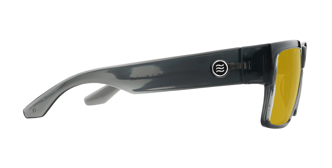 Side view of Banshee sunglasses showing transparent gray frame, yellow lenses and metal hinge on white background