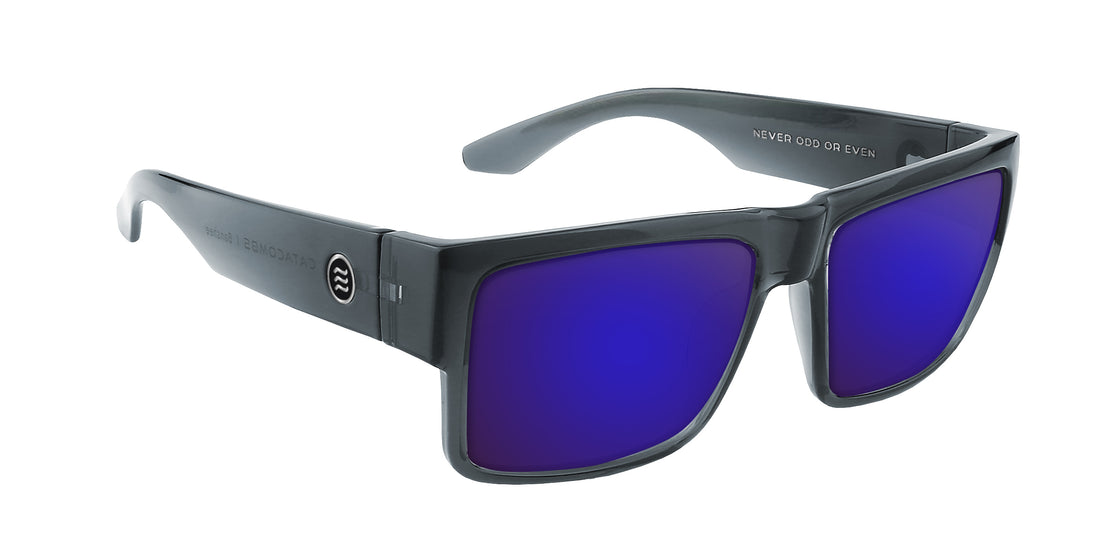 Three-quarter view of Banshee prescription sunglasses with transparent gray frame and purple mirrored lenses on white