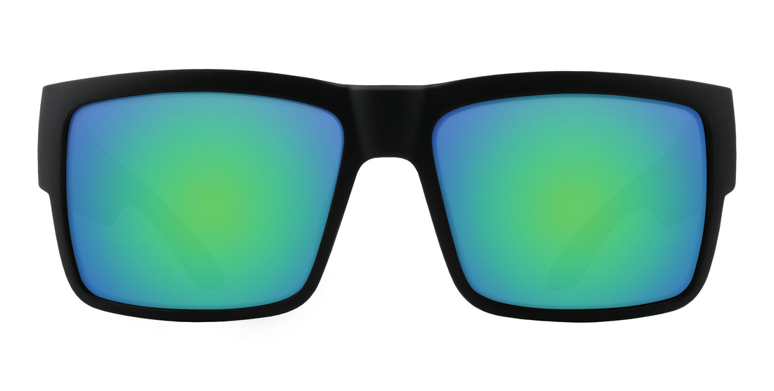 Front view of Havoc prescription sunglasses showcasing matte black rectangular frame and green-blue mirrored lenses on white background