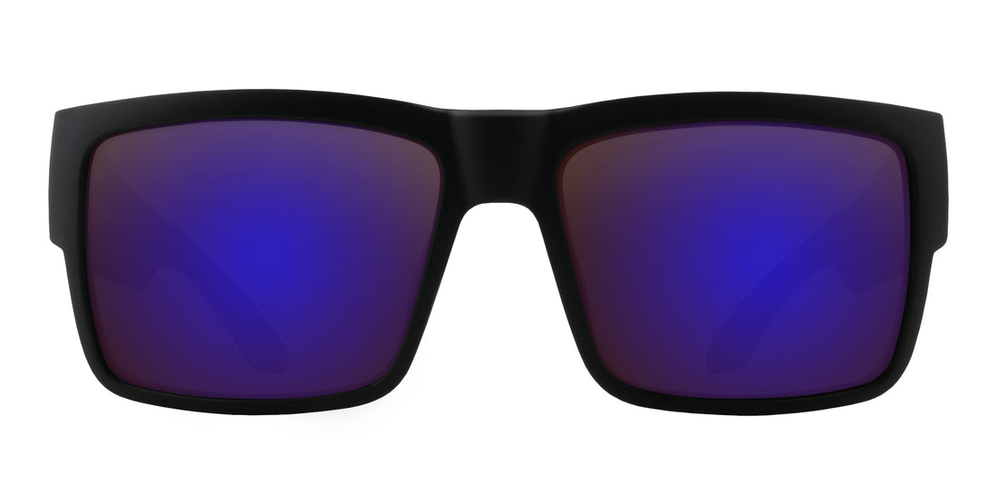 Front close-up of Havoc prescription sunglasses showing matte black frame and purple-blue mirrored lenses on white background