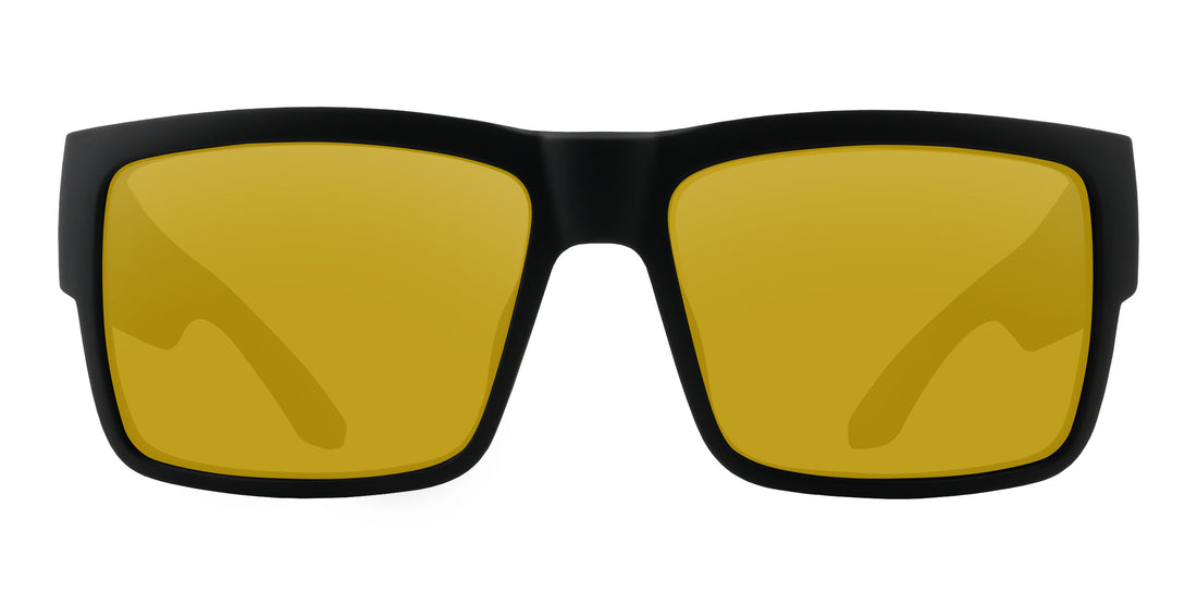 Front view of Havoc prescription sunglasses showing matte black frame and yellow lenses on white background