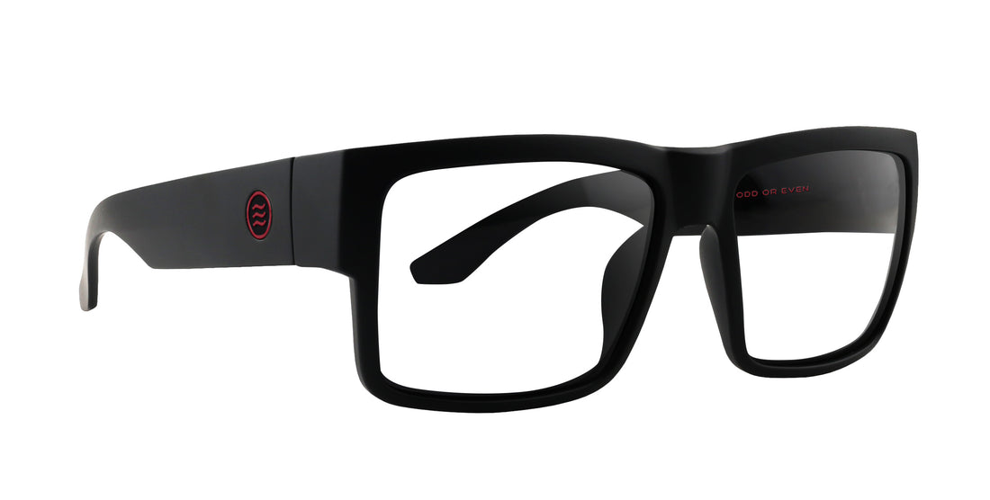 Black rectangular Havoc glasses with red logo on the side