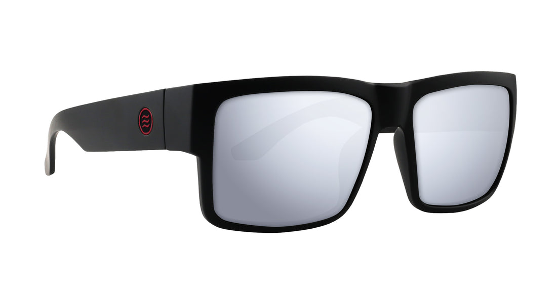 Three-quarter view of Havoc sunglasses showing matte black X-Large frame, mirrored Rx lenses and red temple logo on white