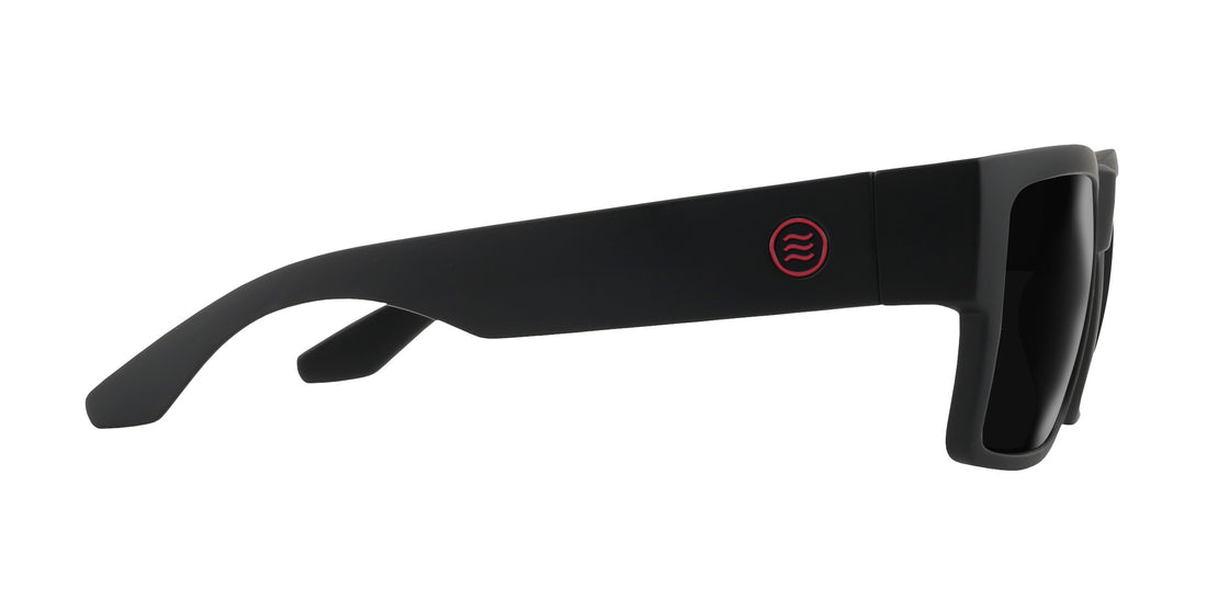 Right-side view of Havoc prescription sunglasses showcasing matte black thick temples with red circular logo on a white background