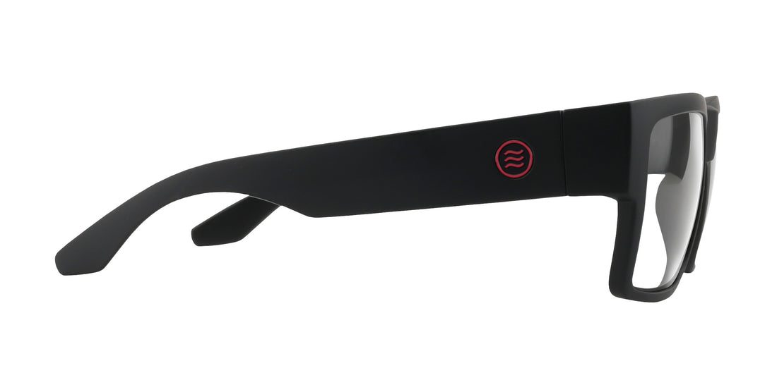 Side view of Havoc prescription sunglasses showcasing matte black square frame, clear lenses and red temple logo on white background