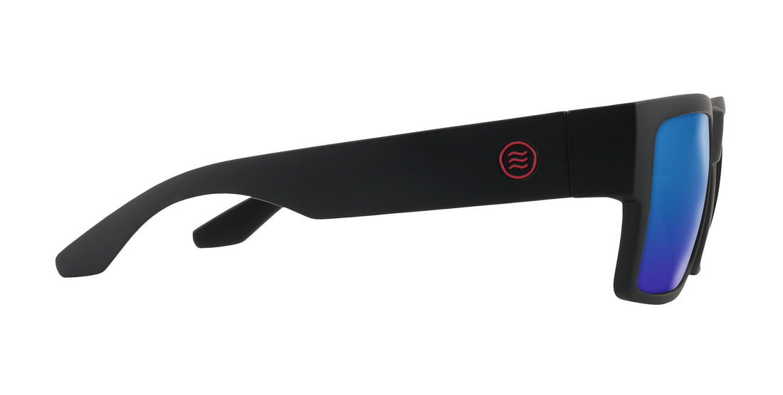 Side close-up of Havoc sunglasses showing matte black frame, blue mirrored lenses, and red logo on white background