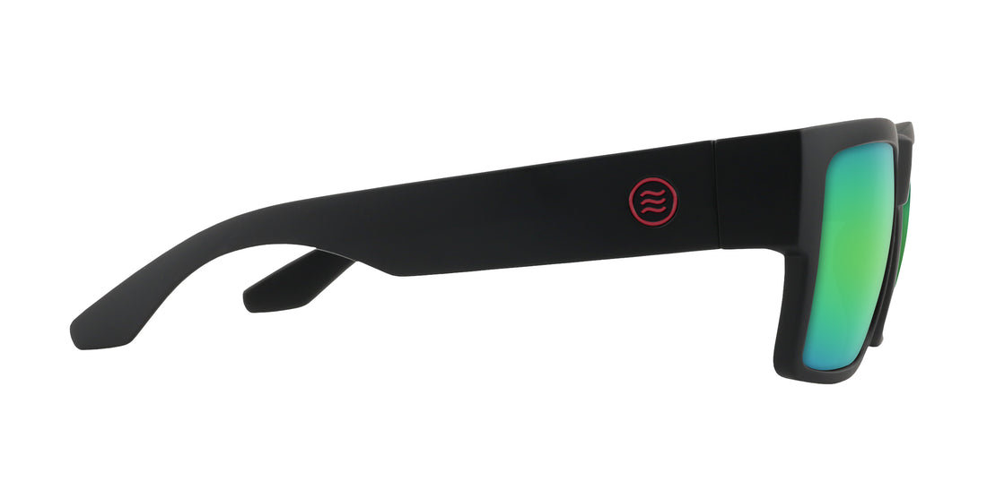 Side view of Havoc Rx sunglasses showing matte black temple, red circular logo, and green mirrored lenses on white background