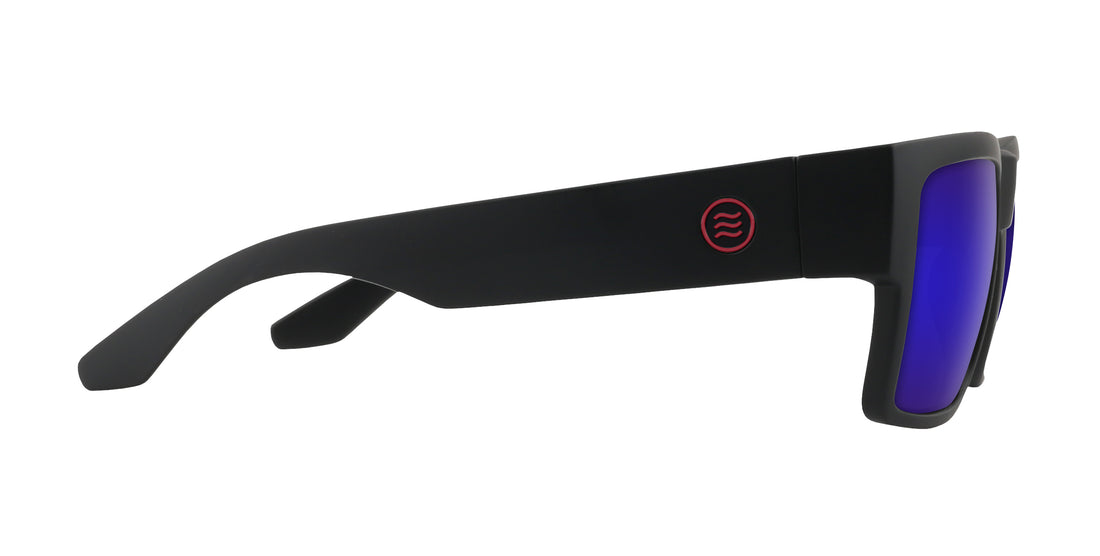 Side view of Havoc prescription sunglasses showing matte black temple with red logo and purple mirrored lenses on white background